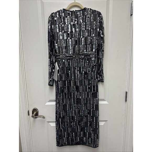 Mac Duggal Size 4 Gray 93590 Sequin Beads Embellished Long Sleeve Cocktail Dress - Picture 7 of 10